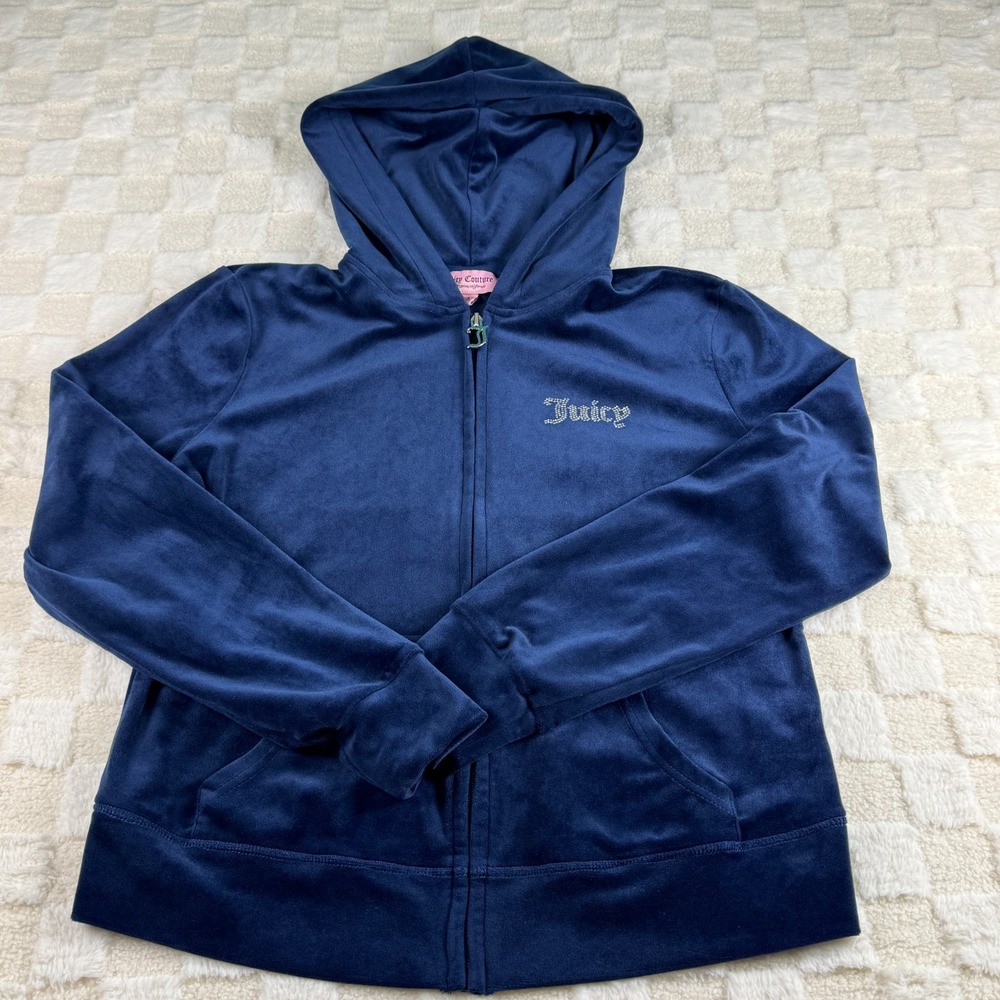 Juicy Couture Y2K Women's Medium Velour‎ Navy Blue Hooded Jacket